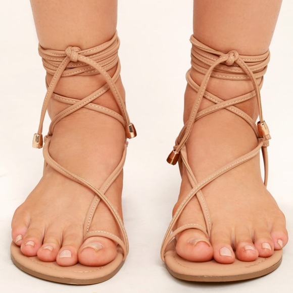 Lulus Shoes - Lulu’s Micah Nude Lace-up Flat Sandals, size 7